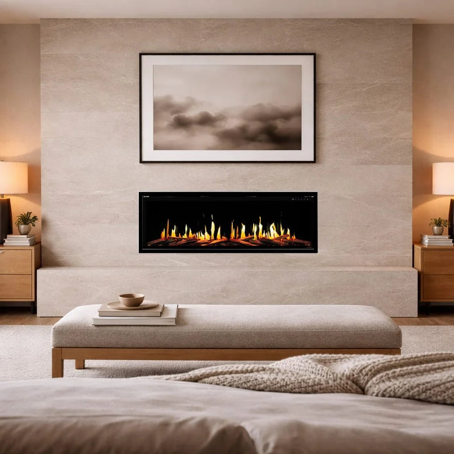 Modern Flames Orion Slim electric fireplace bedroom lifestyle view