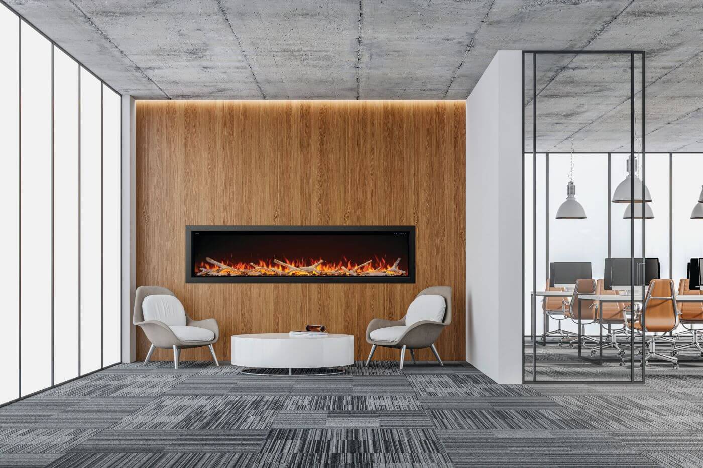 Napoleon Astound 96 inch Built-In Electric Fireplace office with birch logs and black crystals - NEFB96AB