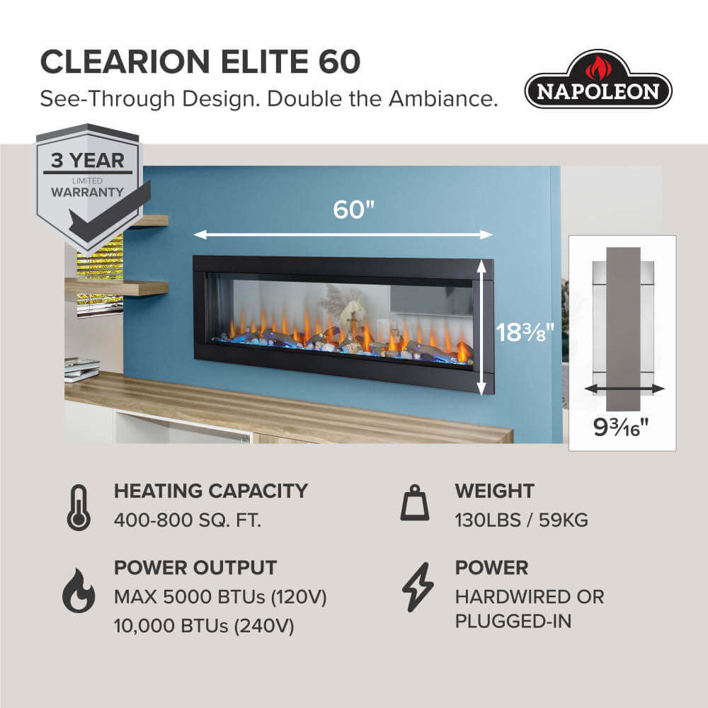 Napoleon 60" CLEARion Elite Electric Fireplace Wall mount - NEFBD60HE