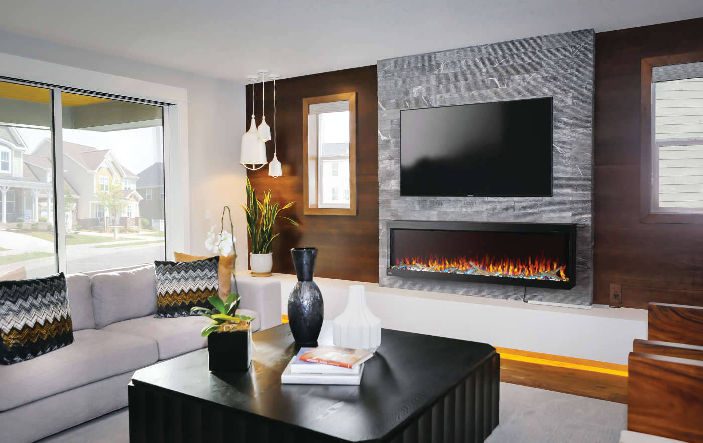 Napoleon TriVista Pictura 60 inch Three-Sided Wall Hanging Electric Fireplace living room with driftwood media - NEFL60H-3SV
