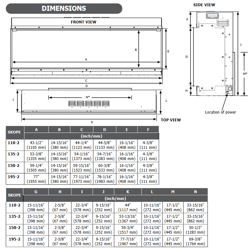 Regency Skope 53" 3-Sided Built-in Electric Fireplace Dimensions - E135