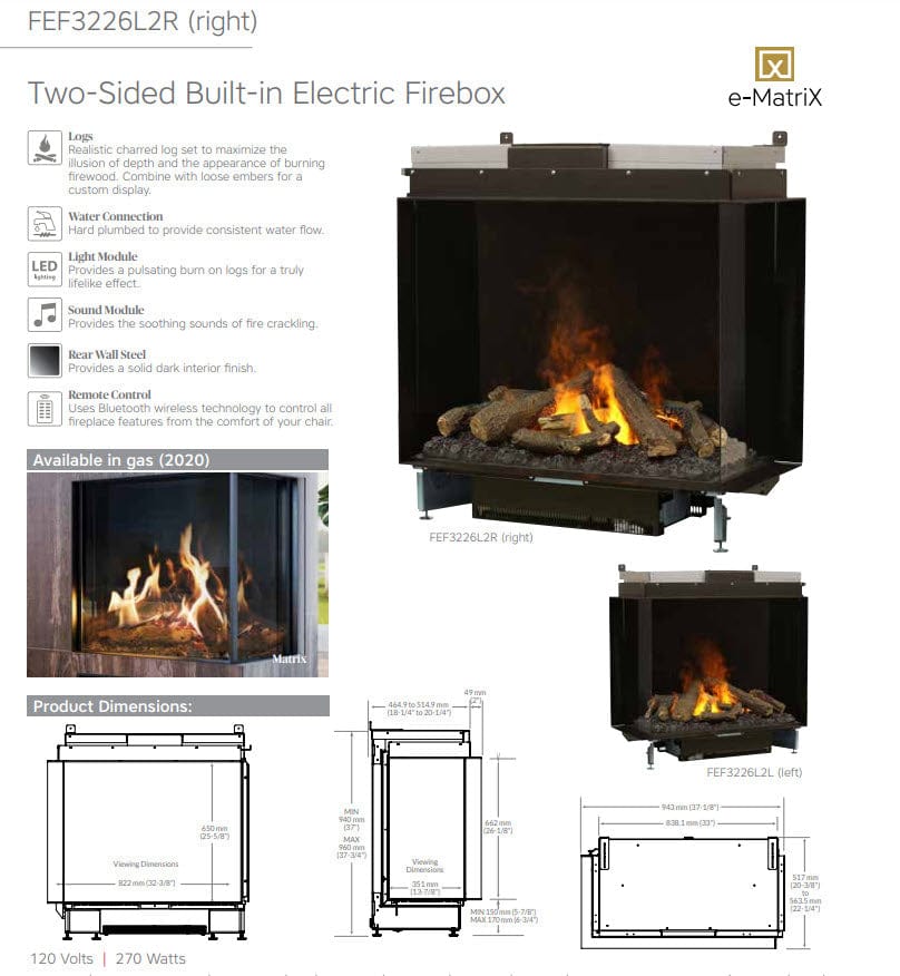 Dimplex Optimyst e-MatriX FEF3226L2R product views and dimensional features