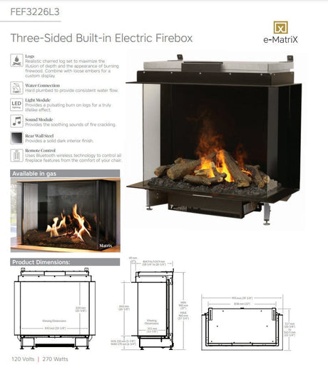 Dimplex Optimyst e-MatriX FEF3226L3 product views and dimensional features