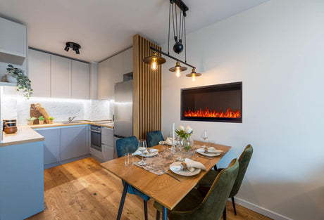 Napoleon Astound 42 SlimMount electric fireplace recessed into a kitchen feature wall