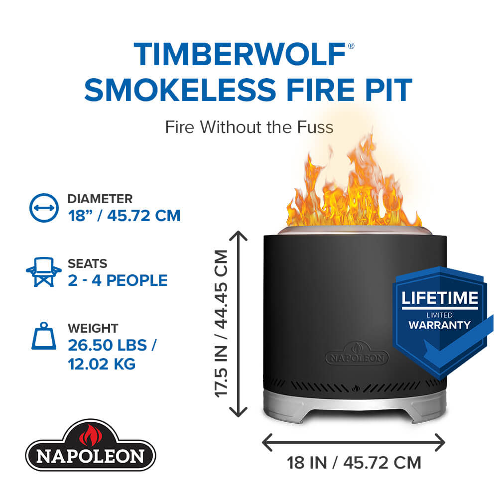 Napoleon Timberwolf 18-inch matte black smokeless fire pit size and warranty infographic