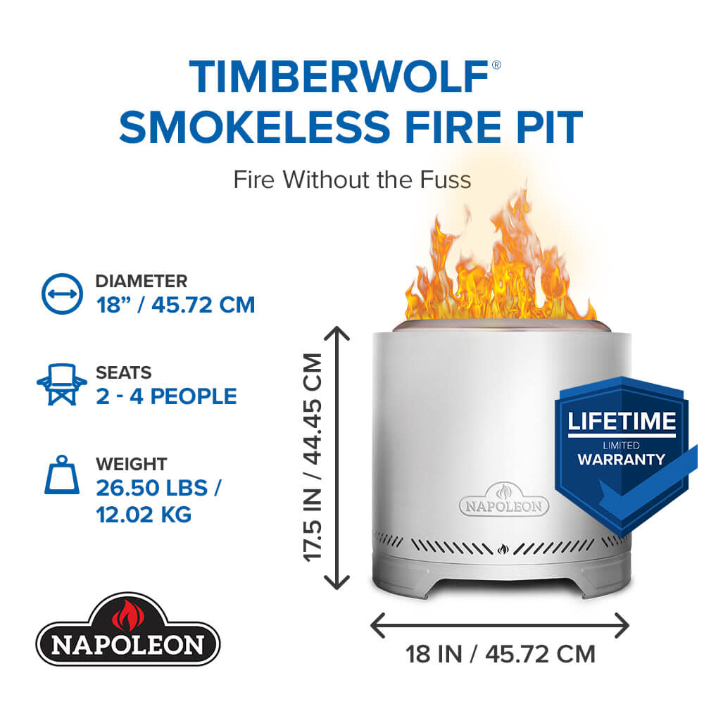 Napoleon Timberwolf 18-inch stainless steel smokeless fire pit size and warranty infographic