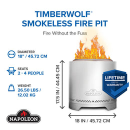 Napoleon Timberwolf 18-inch stainless steel smokeless fire pit size and warranty infographic