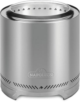 Napoleon Timberwolf 18-inch stainless steel smokeless fire pit front detail with top ring
