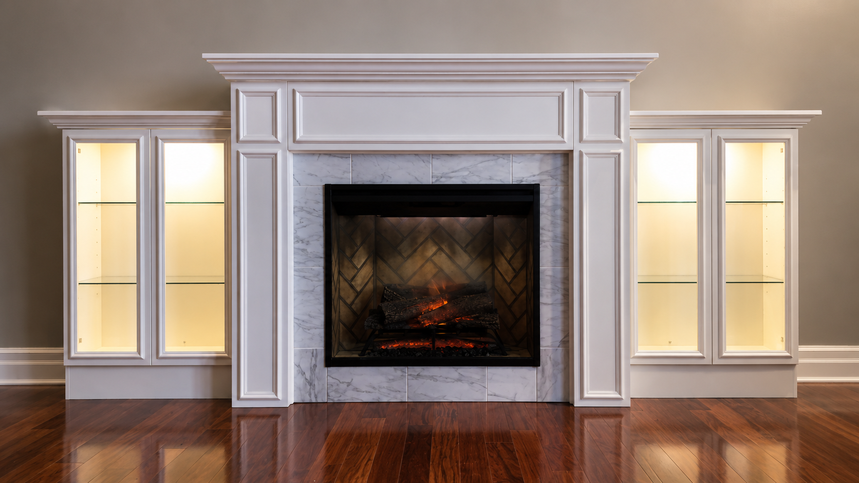 Custom fireplace mantel and built-in cabinetry in a finished living room