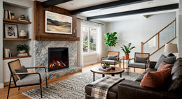 SimpliFire Allusion Heritage electric fireplace with reflective black glass in a basement installation