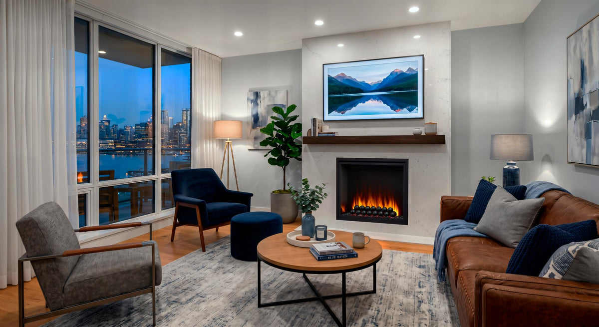 SimpliFire Allusion Heritage electric fireplace with stacked spheres and reflective black glass