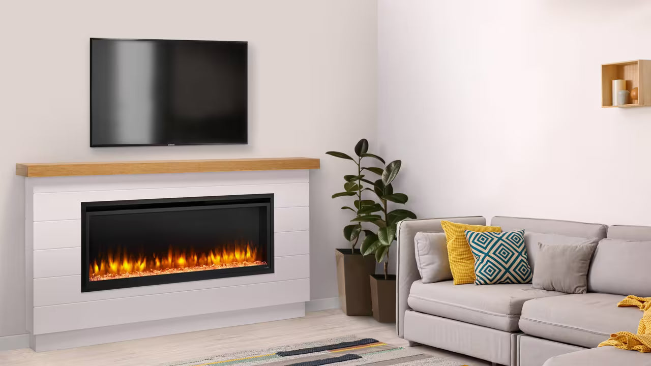 SimpliFire Allusion Platinum 50-inch electric fireplace installed in a modern living room