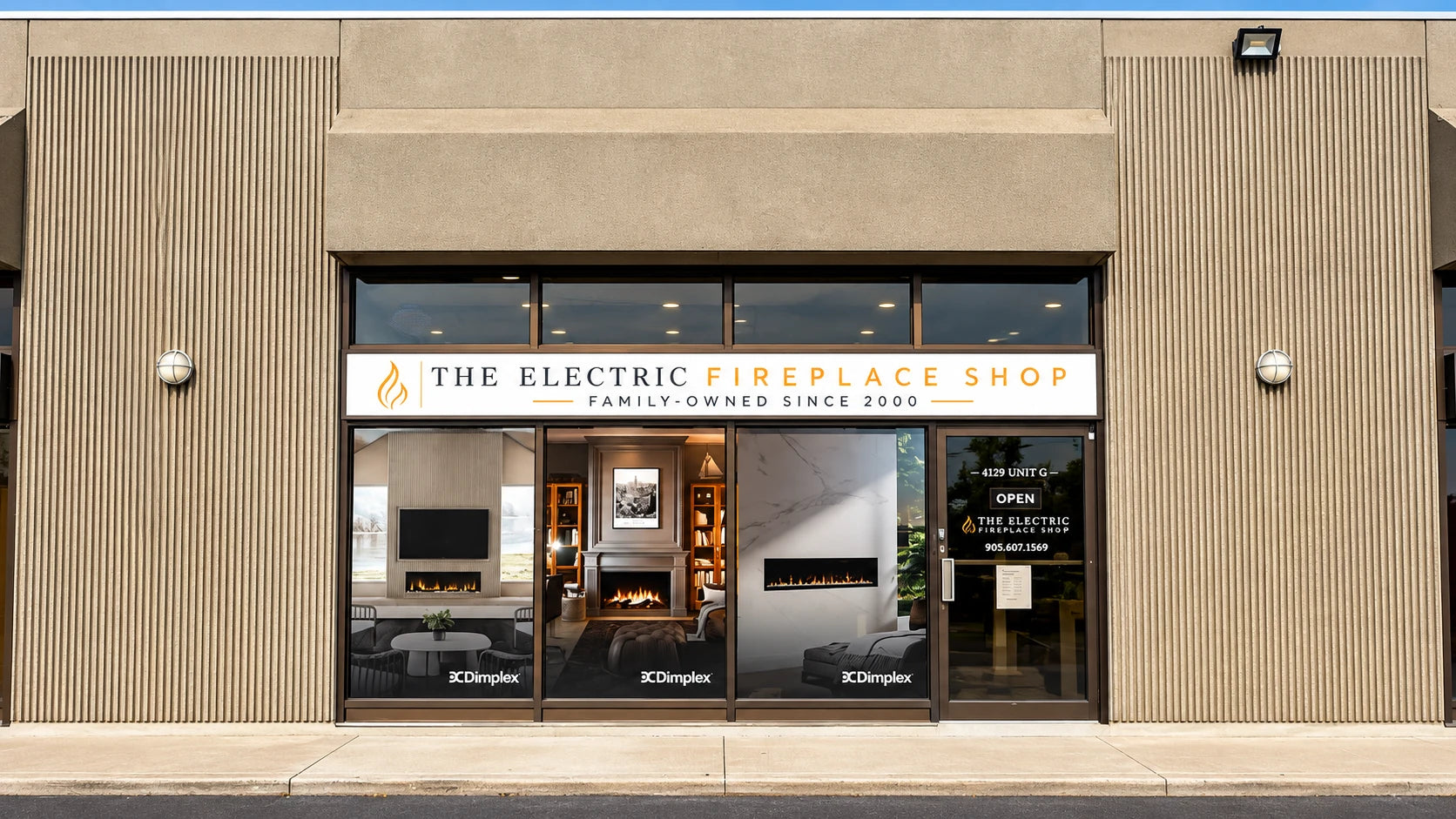 The Electric Fireplace Shop storefront and entrance at 4129 Harvester Road, Unit G, Burlington