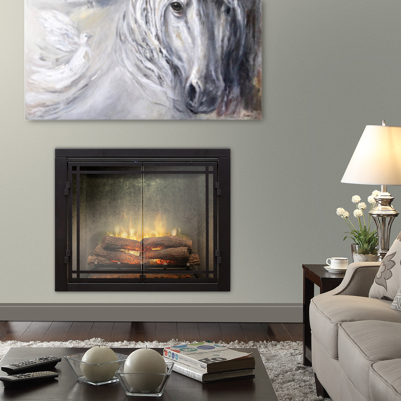 Dimplex 42" Revillusion Weathered Concrete Electric Fireplace with front glass living room - RBF42WC-FG