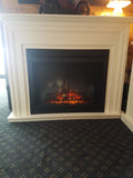 The Sheffield Custom Mantel Mesh Curtains Closed in Benjamin Moore Cloud White