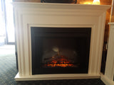 The Sheffield Custom Mantel Package with meshed curtains in Benjamin Moore Cloud White